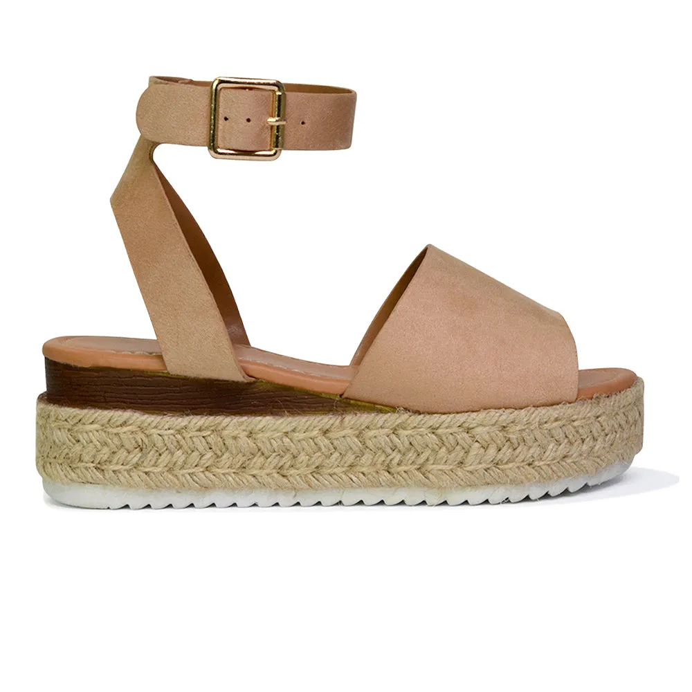 Lucile Strappy Ankle Buckle Flatform Espadrille Platform Flat Sandals in Nude
