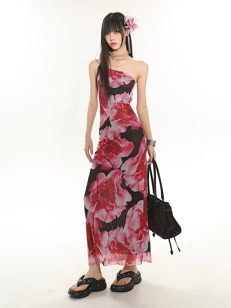 One Shoulder Floral Maxi Dress with Back Cut-Out Detail