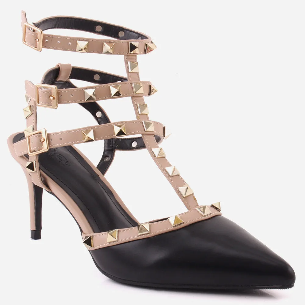 Women "MYMA"Studded Tri-Strap Stiletto Heel Sandals